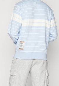 Světle modrá mikina s bílými pruhy, žebrovanými manžetami a štítkem na zadní straně. Tkanina vypadá měkce a má volný střih. Kombinována se šedými tepláky.