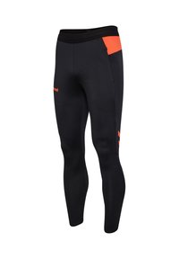 Czarne sportowe legginsy o obcisłym kroju, z pomarańczowym akcentem na talii i boku, wykonane z gładkiego, elastycznego materiału.