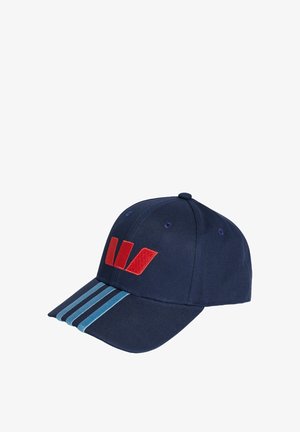 Námořnická čepice s červeným logem, čtyřmi modrými pruhy na kšiltu a knoflíkem nahoře. Vyrobena z látky s hladkou texturou. Nastavitelná velikost.