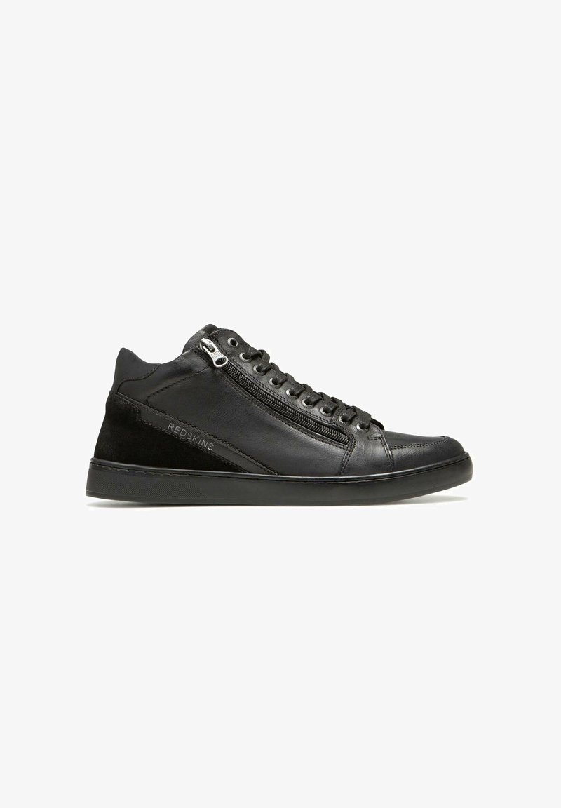 Sneaker alte nere in pelle liscia con dettagli in suede, zip laterale e lacci, dotate di una suola in gomma texturizzata.