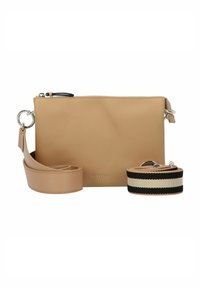 Handtasche aus tanfarbenem Leder mit Reißverschluss, silberner Hardware und Logo. Enthält zwei verstellbare Träger: einen einfarbigen tanfarbenen und einen gestreiften schwarz-tanfarbenen.