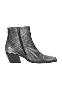 Damen-Ankle-Boots mit metallic-grauer Schlangenhaut-Optik, seitlichem Reißverschluss, spitzer Zehenpartie und niedrigem, schrägen Absatz.