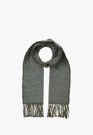 Schal mit Hahnentrittmuster in Grau und Schwarz, mit Fransen an den Rändern. Hergestellt aus weichem Stoff mit glatter Textur.