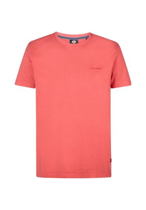 T-shirt in cotone corallo con maniche corte, scollatura rotonda, dettaglio logo discreto sul petto e orlo dritto. Texture liscia.