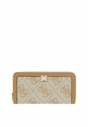 Portefeuille beige et marron clair avec fermeture éclair tout autour, motif monogramme répété et petite fermeture dorée avec logo au centre en haut.