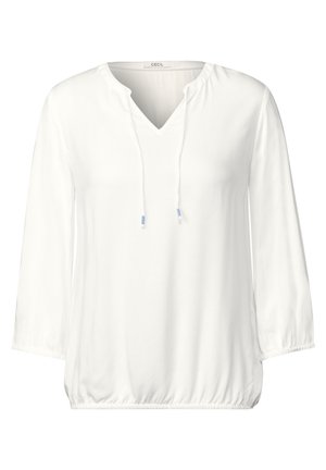 Witte blouse met een V-hals, lange mouwen en een trekkoord bij de halslijn. Zachte, gestructureerde stof met een ontspannen pasvorm en gathered hem details.