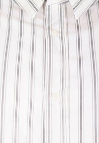 Camicia bianca con righe verticali nere, caratterizzata da un colletto classico e una texture di tessuto liscia. Cinque bottoni sul davanti.