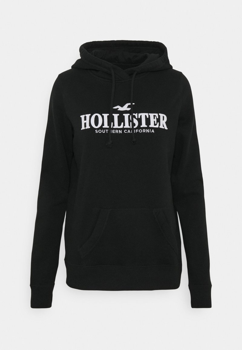 Črna kapa iz bombažne mešanice z žepom kenguru, kapuco z vrvico in belim logotipom "Hollister" ter napisom "Southern California".
