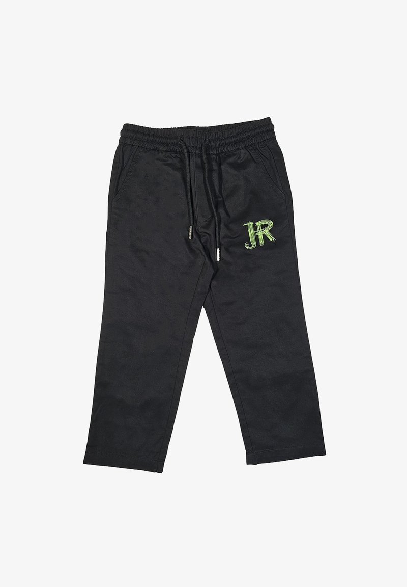 Pantaloni jogger neri con vita elastica e coulisse. Presentano due tasche laterali e un logo "JR" ricamato in verde. Tessuto dalla texture liscia.