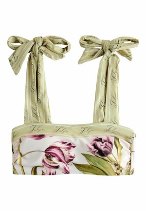 Haut de bikini sans bretelles à motif floral avec des tulipes vertes et violettes, et des liens beige aux épaules noués en nœuds en forme de nœud avec écriture cursive.