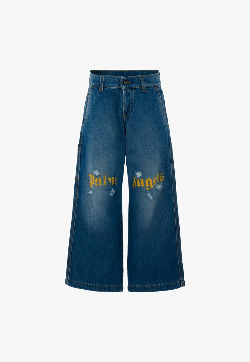 Blauwe denim wijde broek met versleten details en gele "Palm Angels" letters op de voorkant. Klassiek vijf-pocket ontwerp.