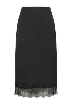 Musta satiininen midihame, jossa on aaltoileva kukkakuosinen pitsireunus helman kohdalla, istuva vyötärö ja suora siluetti.