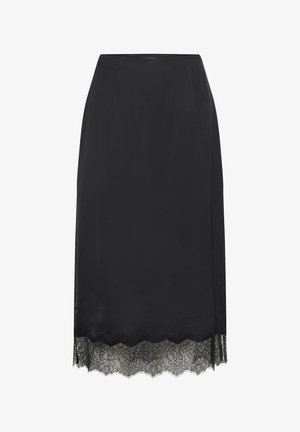Černá midi sukně z saténu s vroubkovaným květinovým krajkovým lemem na spodním okraji, přiléhavým pasem a rovnou siluetou.
