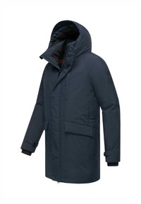 Ciemnogranatowa parka z kapturem, z przednimi kieszeniami, zamkiem błyskawicznym i elastycznymi mankietami. Wykonana z trwałego, wodoodpornego materiału.