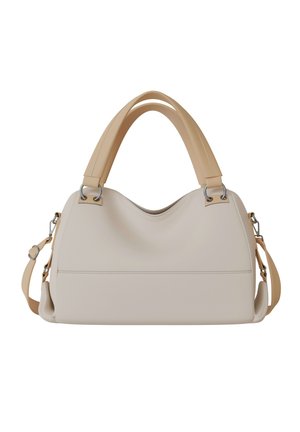 Weiche beige Handtasche mit zwei kurzen Griffen und abnehmbarem langen Riemen, glatter Textur und minimalistischem Design auf weißem Hintergrund.