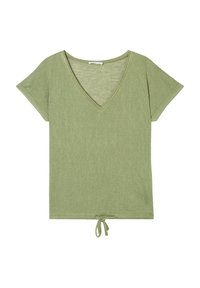 T-shirt vert à manches courtes avec un col en V et des coutures décoratives. Comprend un détail de lien à l'ourlet pour un ajustement personnalisable. Texture douce.