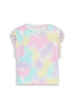 Mouwloos pastel tie-dye top met blauwe, roze, gele en paarse tinten, met franjes langs beide schouders.