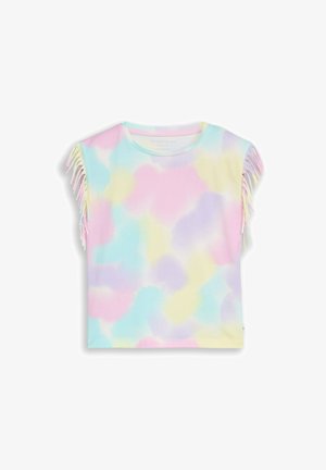 Bezrękawnik pastelowy tie-dye z odcieniami niebieskiego, różowego, żółtego i purpurowego, z frędzlami na obu ramionach.