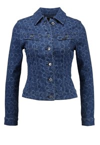 Dark blue denim jacket with a patterned texture, featuring a collared neckline, button closures, and two chest pockets.
