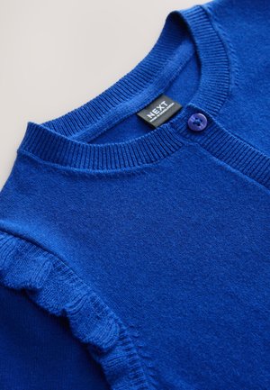 Sinine kardigan, millel on soonikkoeline ümmargune kaelus, õlgadel volangilised detailid ja ees lilla nööp. Valmistatud pehmest kootud kangast.