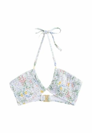 Krótkie bikini w kwiatowy wzór wykonane z marszczonego materiału, z regulowanymi trokami i zapięciem w kolorze złotym na środku. Miękka, lekka tekstura.
