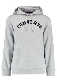 Gray hoodie made of fabric with a soft texture. Features a front kangaroo pocket and a drawstring hood. "Converse" text in black.