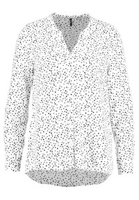 Blouse blanche à manches longues avec des pois noirs épars, col en V et ourlet légèrement incurvé.