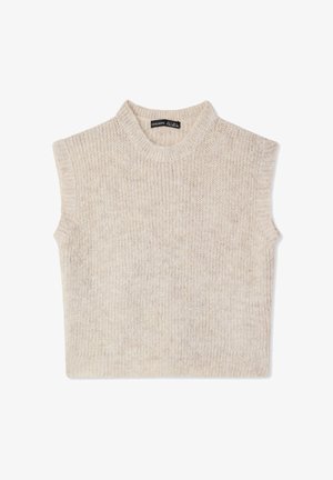 Maglione senza maniche color crema con collo alto e trama a coste, che mette in mostra un tessuto morbido e confortevole.