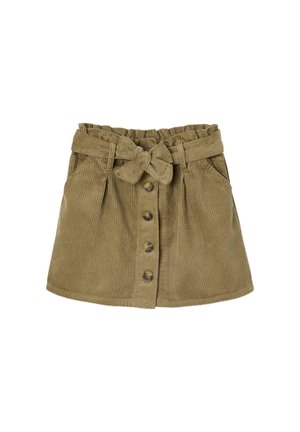 Brown corduroy skirt with front buttons, side pockets, a tied waistband belt, and a ruffled top edge.