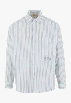 Camicia a righe in blu chiaro e bianco, con taschino sul petto e logo ricamato, realizzata in un tessuto testurizzato.
