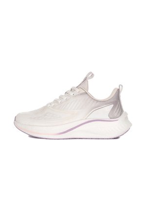 Lekkie buty do biegania, siateczkowa cholewka w kolorze ecru z szarymi akcentami, wyściełana podeszwa z fioletowymi detalami, zaokrąglony design palców.