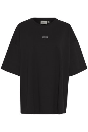 Black oversized T-shirt made of soft cotton. Features a round neckline and short sleeves. Small white logo stitched on the front.