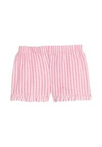 Bermuda rosa e bianca a righe con una consistenza morbida, caratterizzate da un orlo arricciato e una cintura elastica per il massimo comfort.