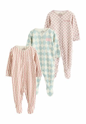 Drei Baby-Einteiler: rosa gestreift, hellblau mit Rautenmuster und "Little Fun" sowie rosa kariert. Alle haben lange Ärmel und sind mit Füßen.