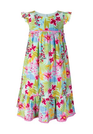 Vestido sin mangas azul claro con estampado floral tropical en rosa, rojo y amarillo, dobladillo con volantes y detalles de ribete en rosa.