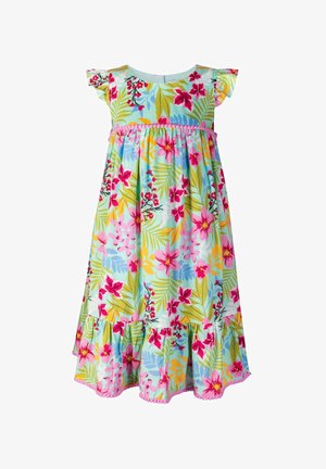 Jasnoniebieska sukienka bez rękawów z tropikalnym wzorem kwiatowym w kolorach różowym, czerwonym i żółtym, z falbankowanym dołem i różowymi akcentami wykończenia.