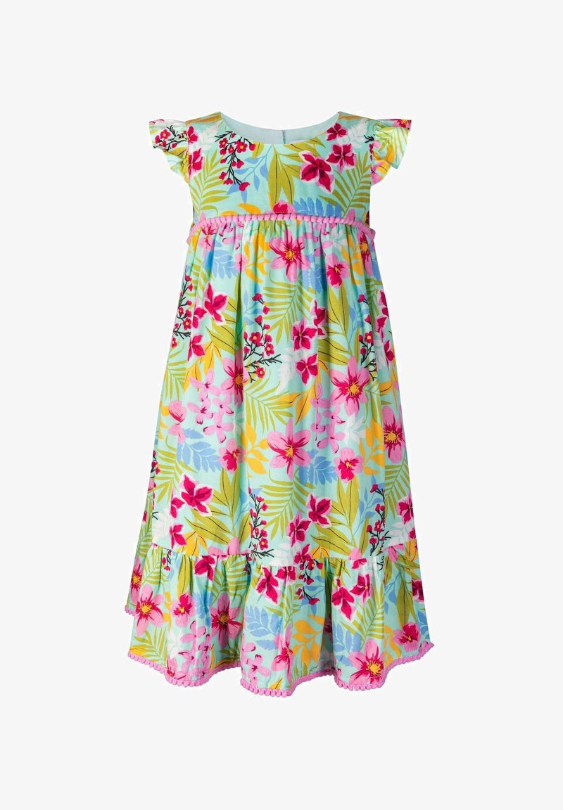 Vestido sin mangas azul claro con estampado floral tropical en rosa, rojo y amarillo, dobladillo con volantes y detalles de ribete en rosa.