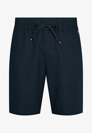 Marineblauwe zwembroek gemaakt van lichtgewicht stof, met een elastische tailleband met trekkoord en zijzakken voor functionaliteit.