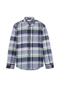 Heren overhemd met lange mouwen in een blauw, groen en grijs geruit patroon. Voorzien van een knoopsluiting aan de voorkant, een kraag en een borstzak. Gemaakt van geweven stof.