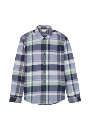 Chemise à manches longues pour homme avec un motif à carreaux bleu, vert et gris. Dotée d'un devant à boutons, d'un col et d'une poche poitrine. Fabriquée en tissu tissé.