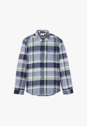 Heren overhemd met lange mouwen in een blauw, groen en grijs geruit patroon. Voorzien van een knoopsluiting aan de voorkant, een kraag en een borstzak. Gemaakt van geweven stof.