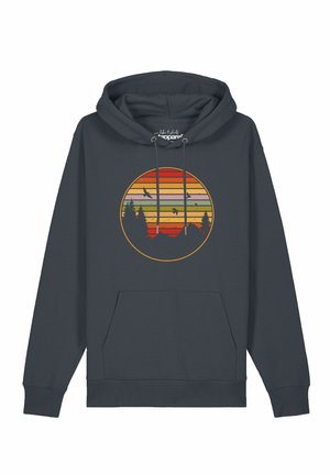 Dark gray hoodie with a circular sunset design showing trees, mountains, and flying birds in warm striped colors on the chest.