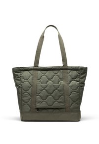 Sac fourre-tout vert matelassé avec texture rembourrée, doubles poignées en tissu et poche avant. Base robuste avec une forme structurée.