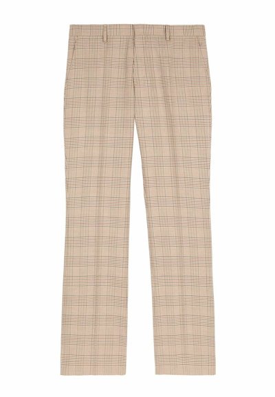 Pantalons à carreaux beiges avec un motif léger à chevrons et des accents sombres, confectionnés dans un tissu lisse, avec une coupe droite.