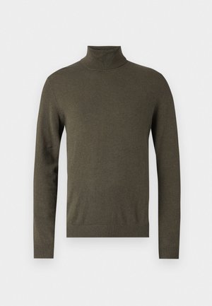 Oliwkowy sweter z golfem, wykonany z miękkiego, teksturowanego materiału. Posiada długie rękawy oraz ściągacze przy dekolcie i u dołu, skupiając się na komforcie i dopasowaniu.