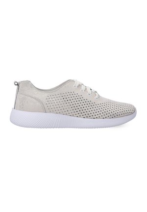 Hellgraue Sneakers mit perforiertem Mesh-Obermaterial, weißer Gummisohle und kontrastierenden Schnürsenkeln. Verfügt über eine Zuglasche an der Ferse für ein einfaches Anziehen.
