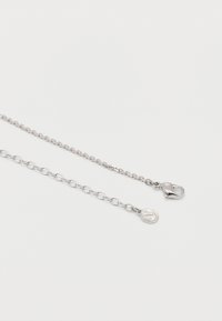 Δύο ασημένιες αλυσίδες με διαφορετικά στυλ κρίκων, η μία τελειώνει με κούμπωμα λαβής αστακού και η άλλη με μια μικρή εγχαράγμενη ετικέτα.