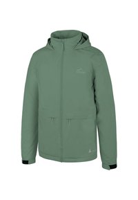 Hellgrüne, wasserabweisende Jacke mit verstellbarer Kapuze, vorderem Reißverschluss, zwei unteren Taschen und elastischen Bündchen. Mit einem Dreieckslogo auf der Brust.