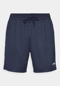Marineblaue Sportshorts mit elastischem Bund und Kordelzug, ausgestattet mit kleinem weißem Logo am unteren rechten Bein.