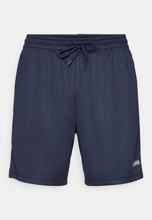 Navy blue athletic shorts with elastic waistband and drawstring, featuring small white logo on front lower right leg.